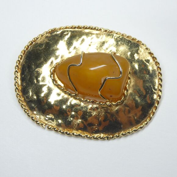 Gold Statement Brooch Pendant Agate Amber Stone Center Signed Barmell Large Pin - Picture 2 of 14